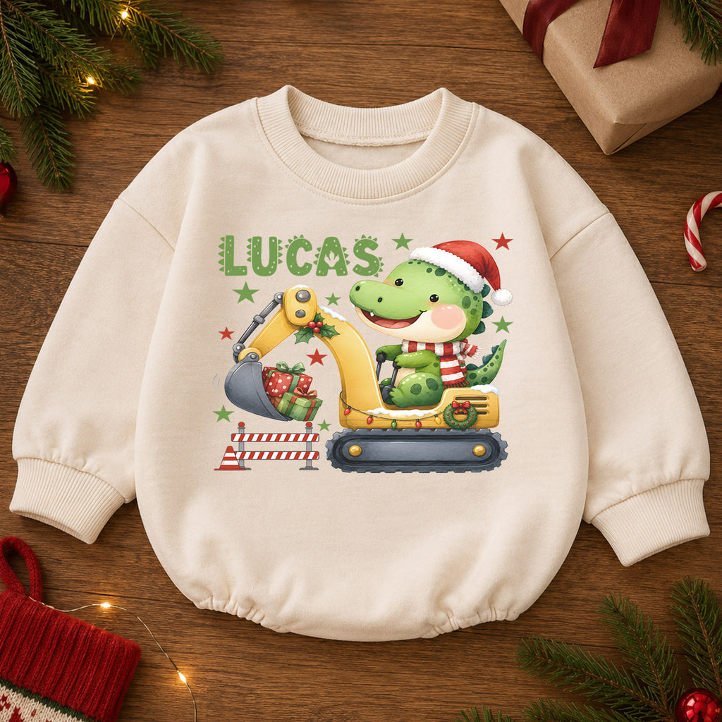 Personalized Dinosaur Christmas Romper, Custom Name Excavator Holiday Outfit, 1st Christmas Gift, My First Birthday Boy Keepsake — product view 2