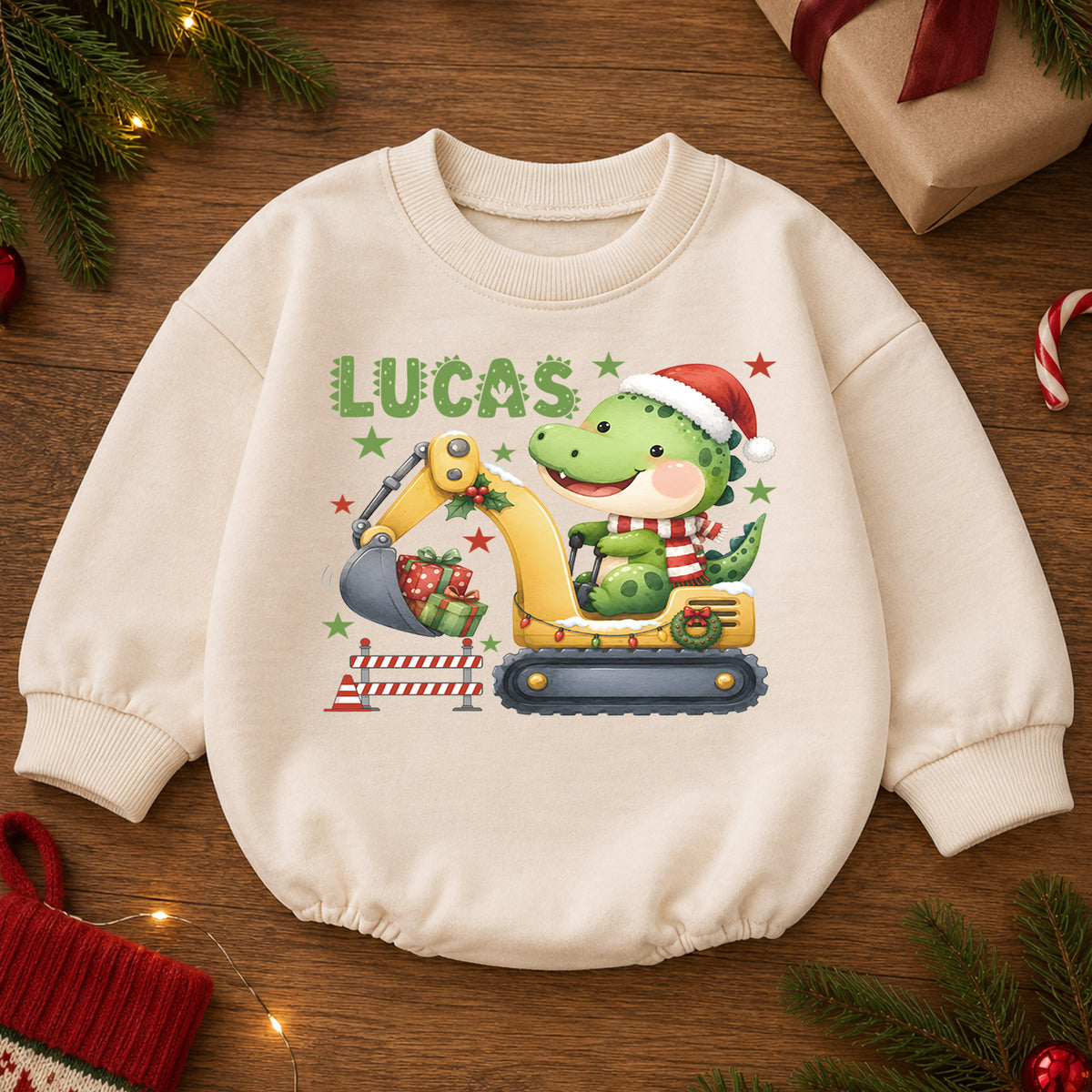 Personalized Dinosaur Christmas Romper, Custom Name Excavator Holiday Outfit, 1st Christmas Gift, My First Birthday Boy Keepsake — product view 2