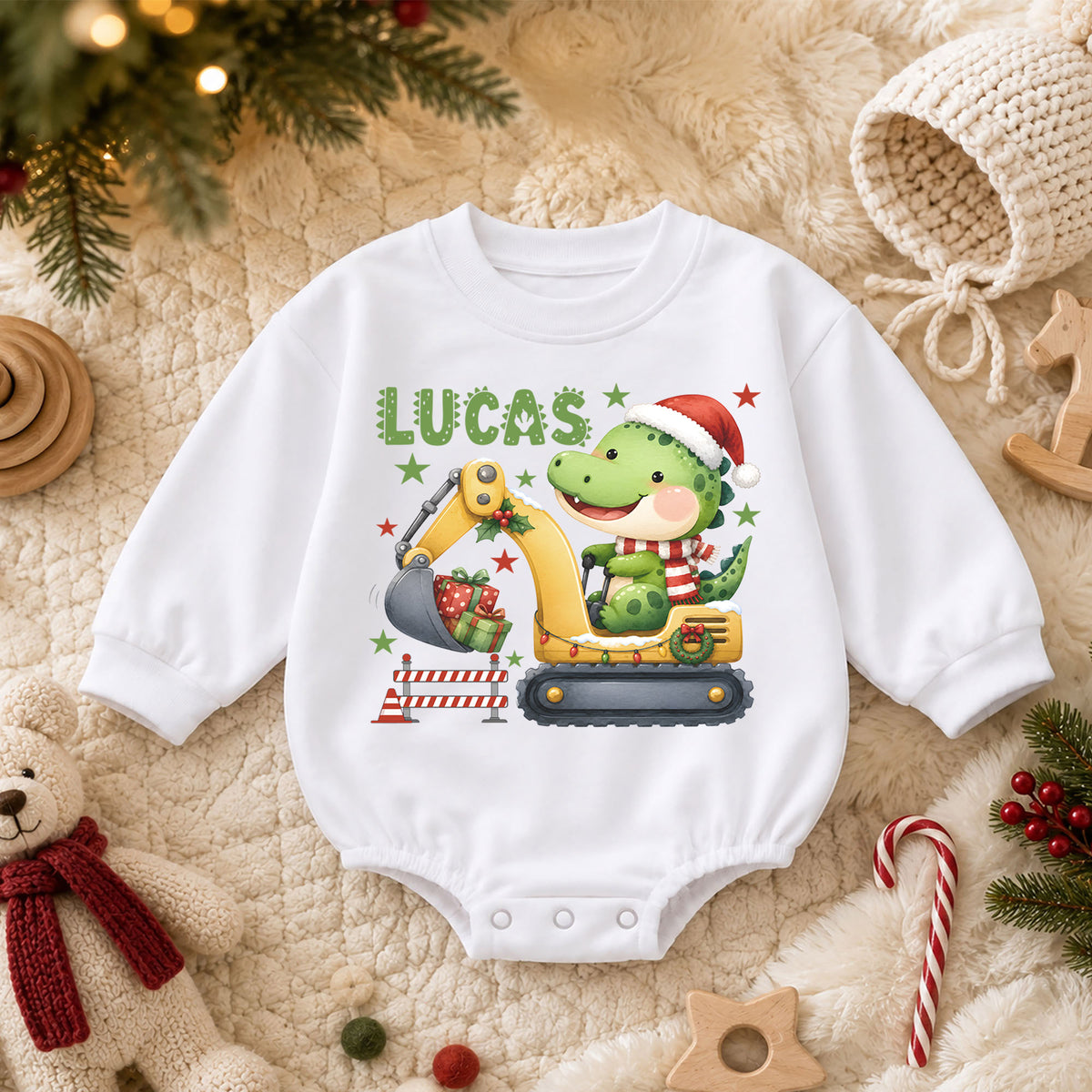 Personalized Dinosaur Christmas Romper, Custom Name Excavator Holiday Outfit, 1st Christmas Gift, My First Birthday Boy Keepsake — product view 3