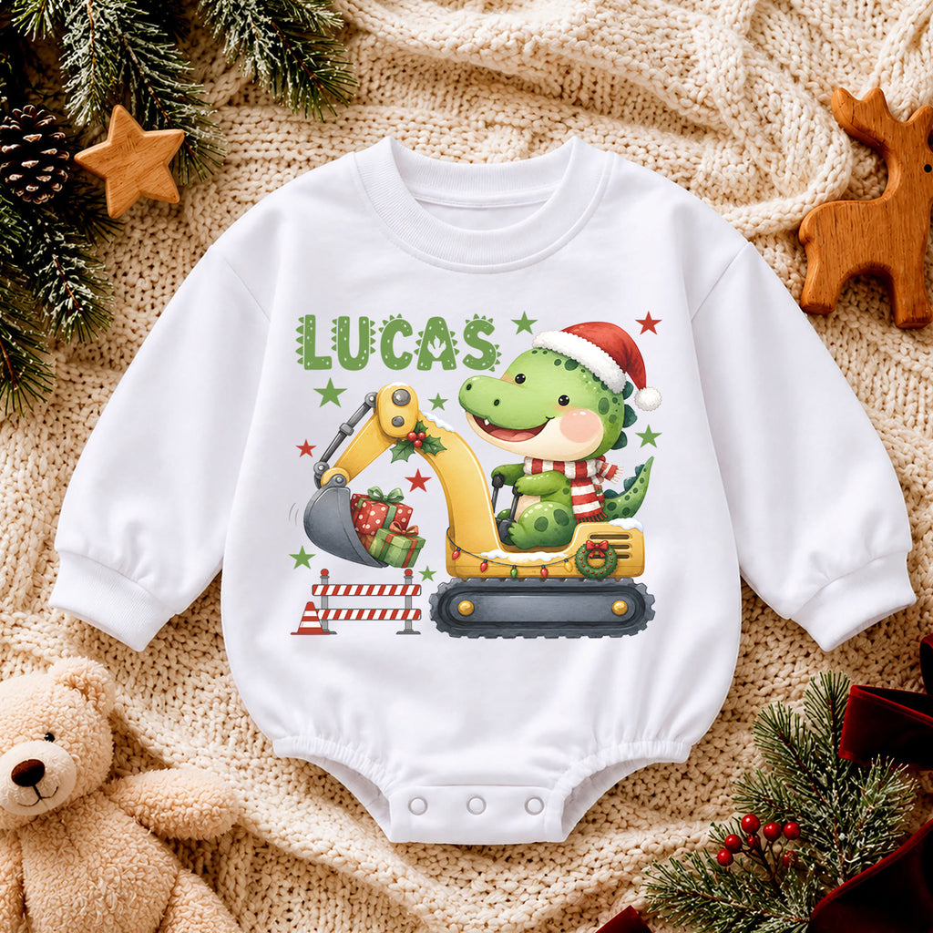 Personalized Dinosaur Christmas Romper, Custom Name Excavator Holiday Outfit, 1st Christmas Gift, My First Birthday Boy Keepsake — product view 4