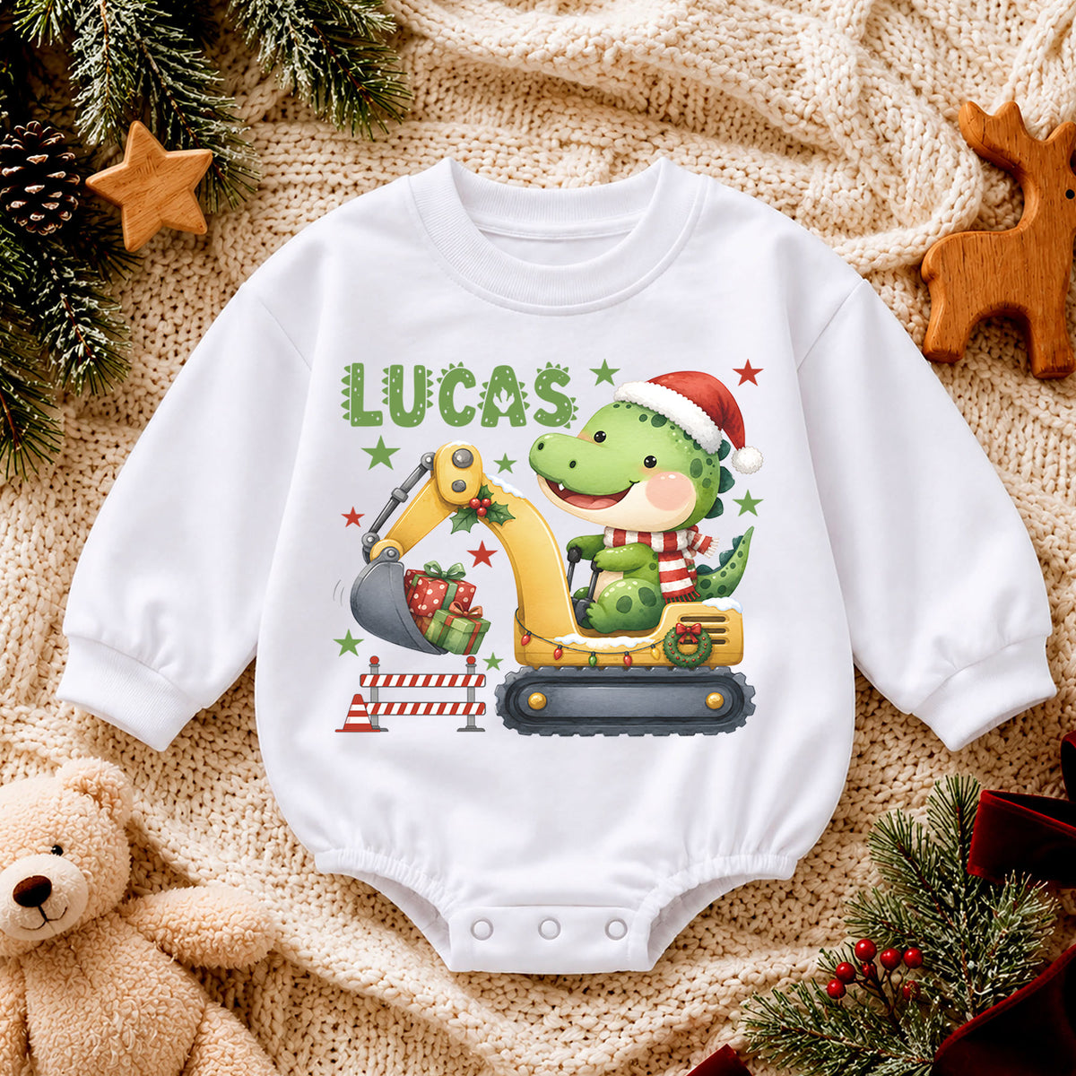 Personalized Dinosaur Christmas Romper, Custom Name Excavator Holiday Outfit, 1st Christmas Gift, My First Birthday Boy Keepsake — product view 4