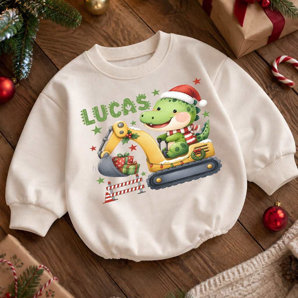Personalized Dinosaur Christmas Romper, Custom Name Excavator Holiday Outfit, 1st Christmas Gift, My First Birthday Boy Keepsake — product view 5