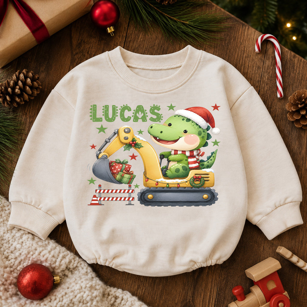 Personalized Dinosaur Christmas Romper, Custom Name Excavator Holiday Outfit, 1st Christmas Gift, My First Birthday Boy Keepsake — product view 6