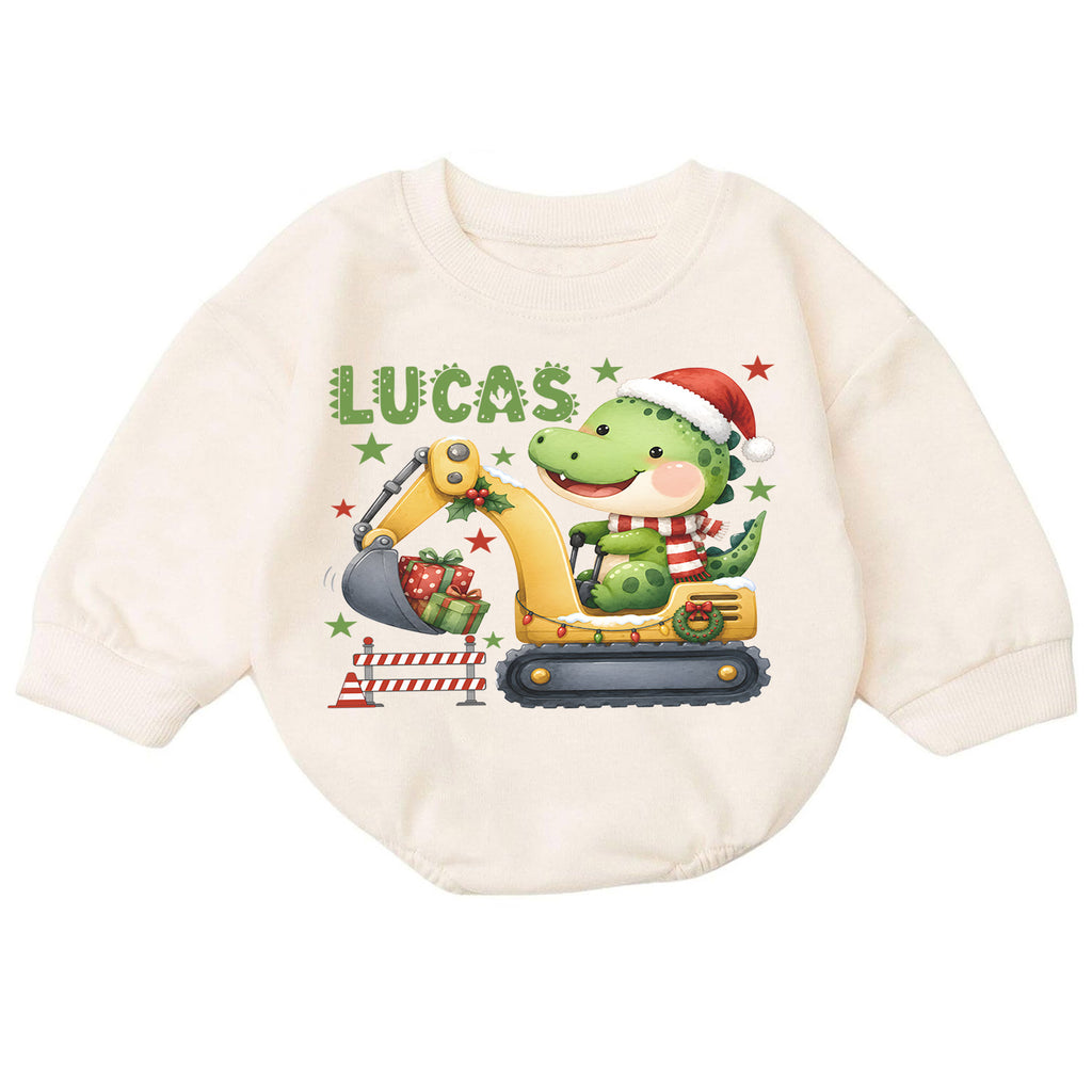 Personalized Dinosaur Christmas Romper, Custom Name Excavator Holiday Outfit, 1st Christmas Gift, My First Birthday Boy Keepsake — product view 7