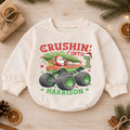 Crushing Into One Monster Truck Baby Romper, Christmas 1st Birthday Outfit, Holiday Romper Gift for Boys — product view 1