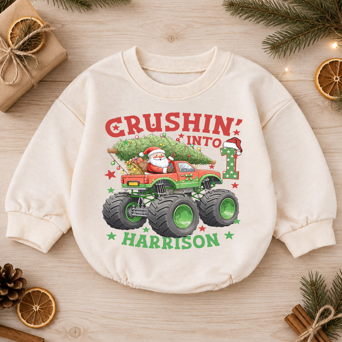 Crushing Into One Monster Truck Baby Romper, Christmas 1st Birthday Outfit, Holiday Romper Gift for Boys — product view 1