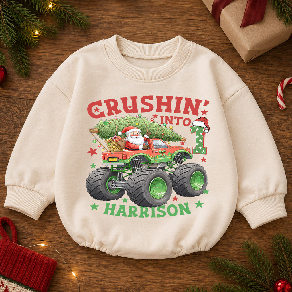 Crushing Into One Monster Truck Baby Romper, Christmas 1st Birthday Outfit, Holiday Romper Gift for Boys — product view 2