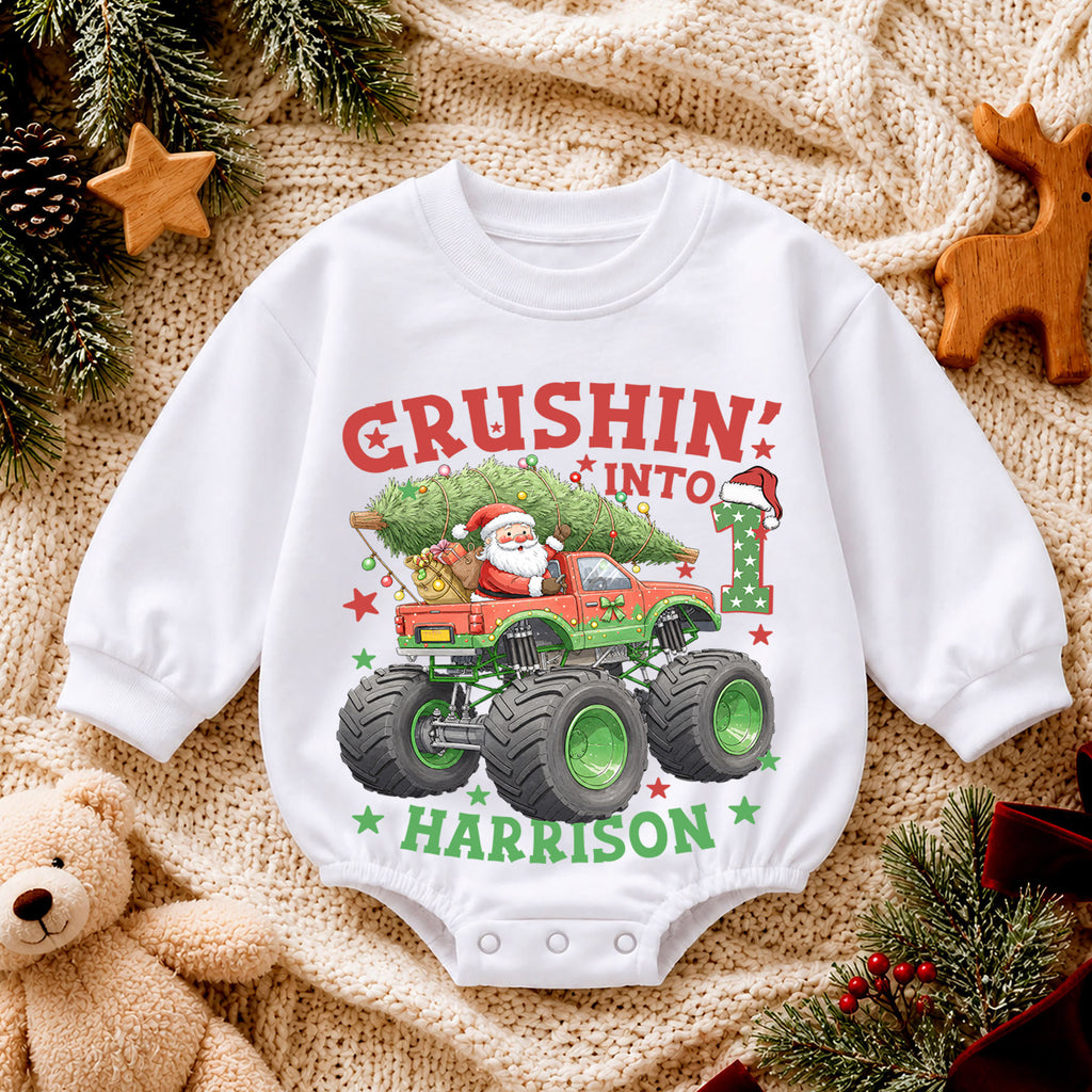 Crushing Into One Monster Truck Baby Romper, Christmas 1st Birthday Outfit, Holiday Romper Gift for Boys — product view 4
