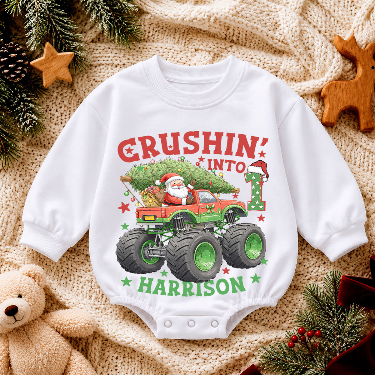 Crushing Into One Monster Truck Baby Romper, Christmas 1st Birthday Outfit, Holiday Romper Gift for Boys — product view 4