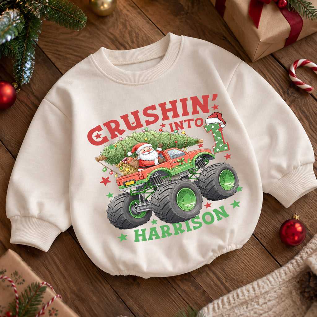 Crushing Into One Monster Truck Baby Romper, Christmas 1st Birthday Outfit, Holiday Romper Gift for Boys — product view 5