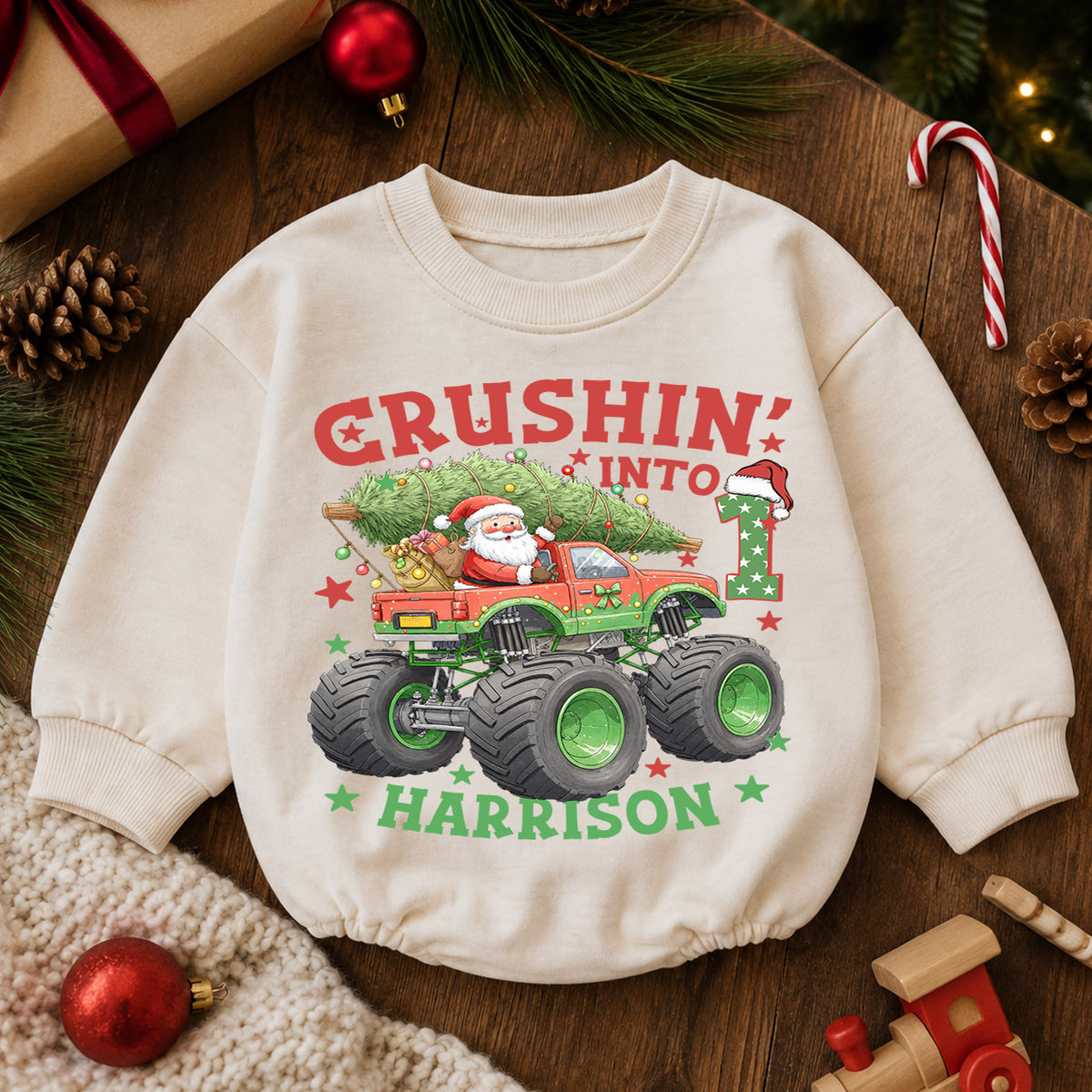 Crushing Into One Monster Truck Baby Romper, Christmas 1st Birthday Outfit, Holiday Romper Gift for Boys — product view 6