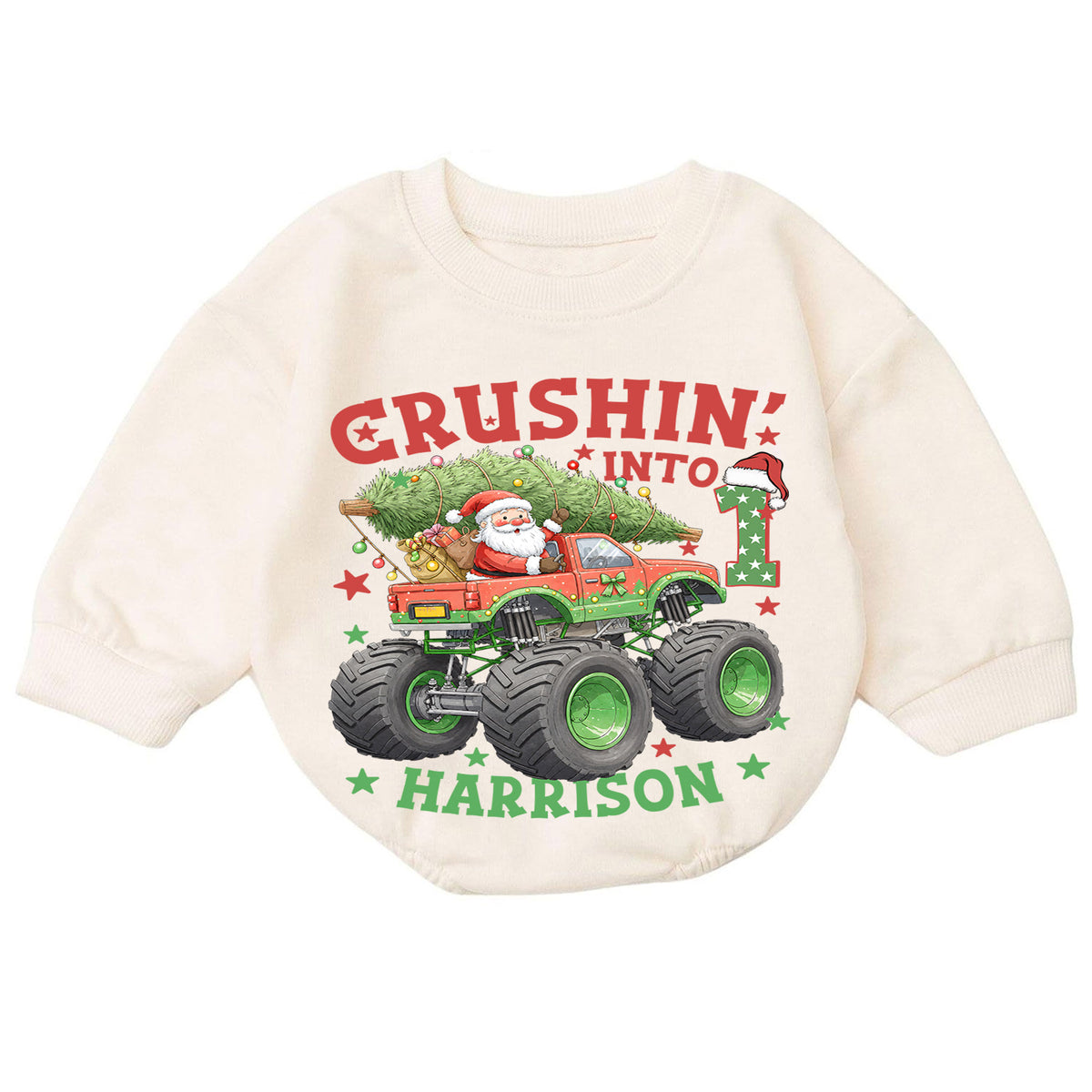 Crushing Into One Monster Truck Baby Romper, Christmas 1st Birthday Outfit, Holiday Romper Gift for Boys — product view 7