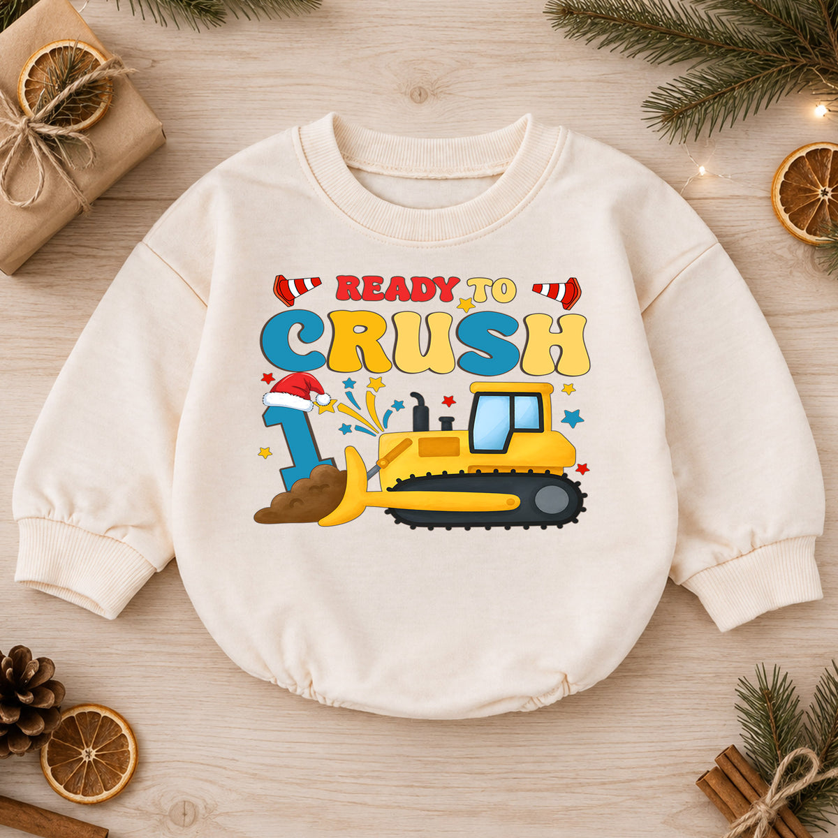 Ready to Crush 1st Birthday Christmas Baby Romper, Bulldozer Holiday Outfit, Construction Toddler Romper, Cute 1st Christmas Gift — product view 1