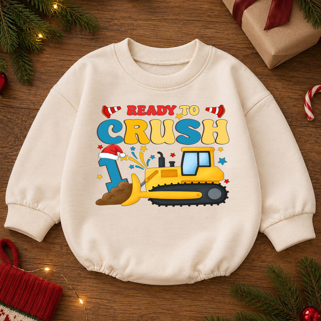 Ready to Crush 1st Birthday Christmas Baby Romper, Bulldozer Holiday Outfit, Construction Toddler Romper, Cute 1st Christmas Gift — product view 2