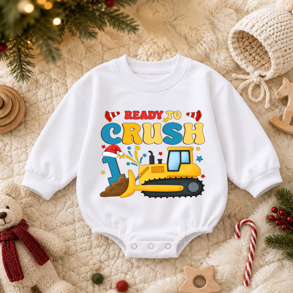 Ready to Crush 1st Birthday Christmas Baby Romper, Bulldozer Holiday Outfit, Construction Toddler Romper, Cute 1st Christmas Gift — product view 3