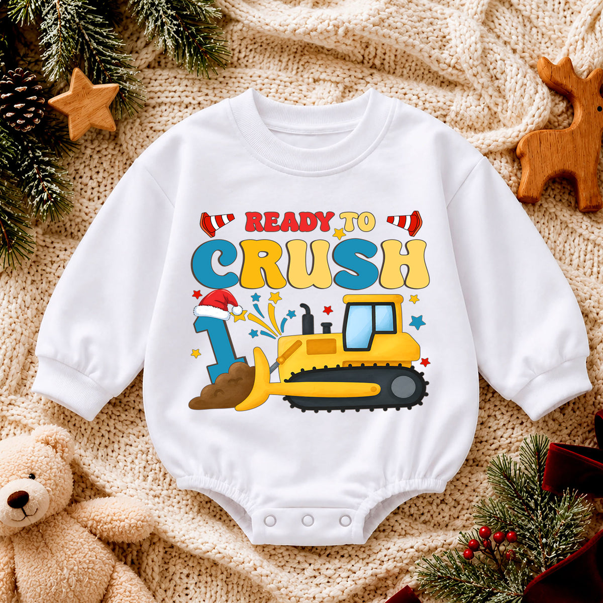 Ready to Crush 1st Birthday Christmas Baby Romper, Bulldozer Holiday Outfit, Construction Toddler Romper, Cute 1st Christmas Gift — product view 4