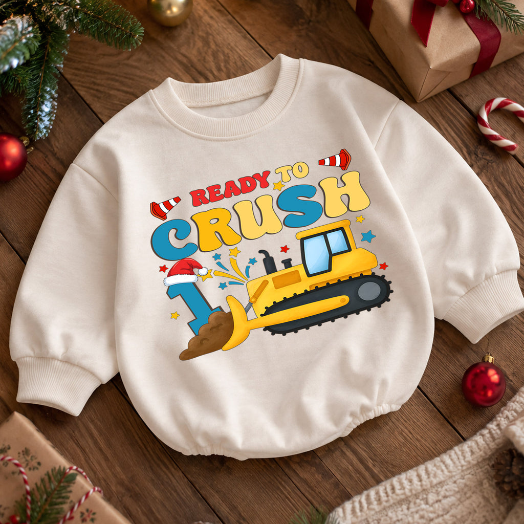Ready to Crush 1st Birthday Christmas Baby Romper, Bulldozer Holiday Outfit, Construction Toddler Romper, Cute 1st Christmas Gift — product view 5