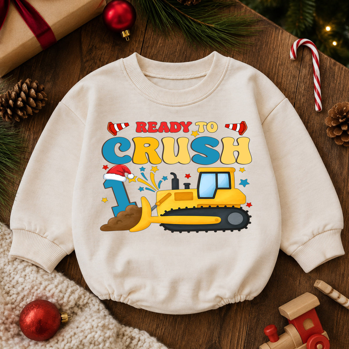 Ready to Crush 1st Birthday Christmas Baby Romper, Bulldozer Holiday Outfit, Construction Toddler Romper, Cute 1st Christmas Gift — product view 6