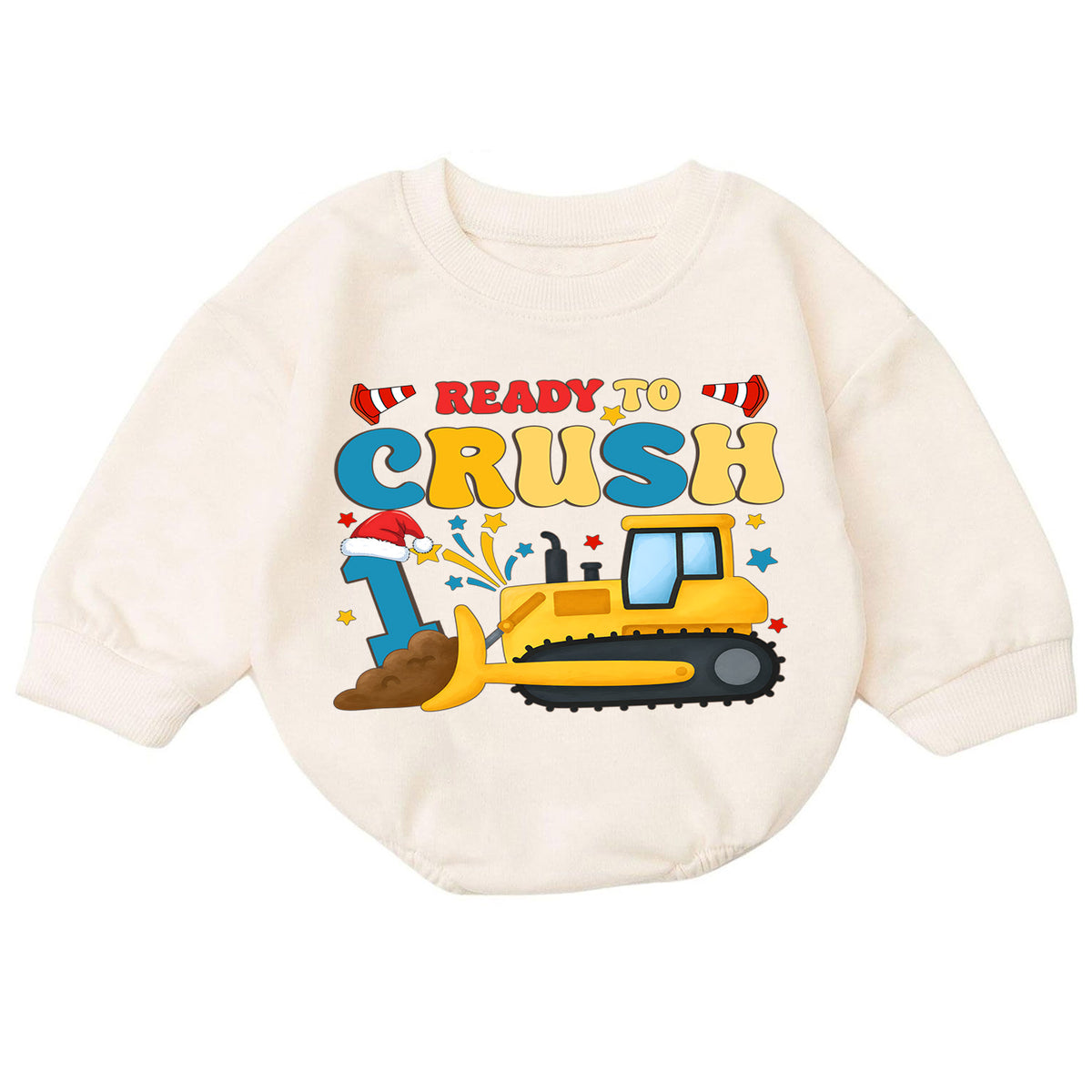 Ready to Crush 1st Birthday Christmas Baby Romper, Bulldozer Holiday Outfit, Construction Toddler Romper, Cute 1st Christmas Gift — product view 7