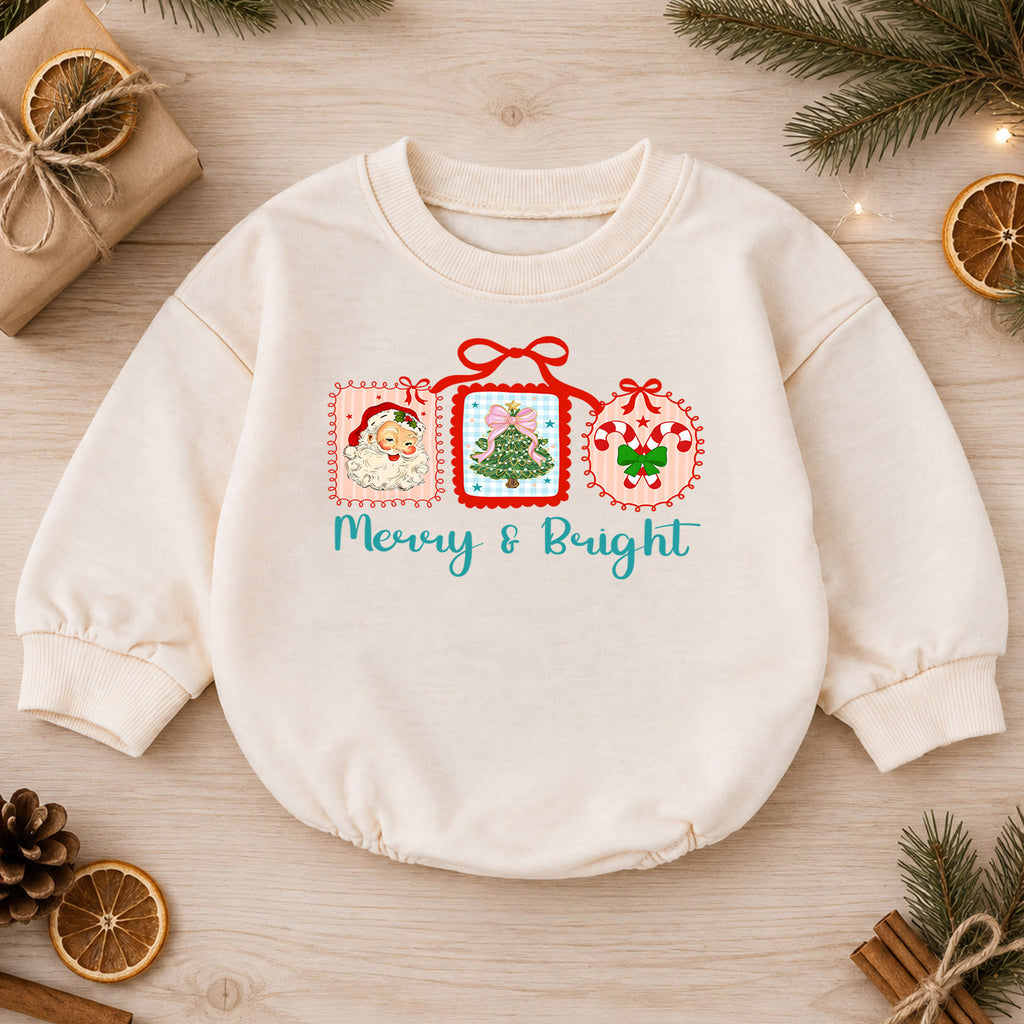 Merry and Bright Christmas Baby Romper, Retro Santa Tree Candy Cane Outfit, Toddler Holiday Romper, Cute 1st Christmas Gift — product view 1