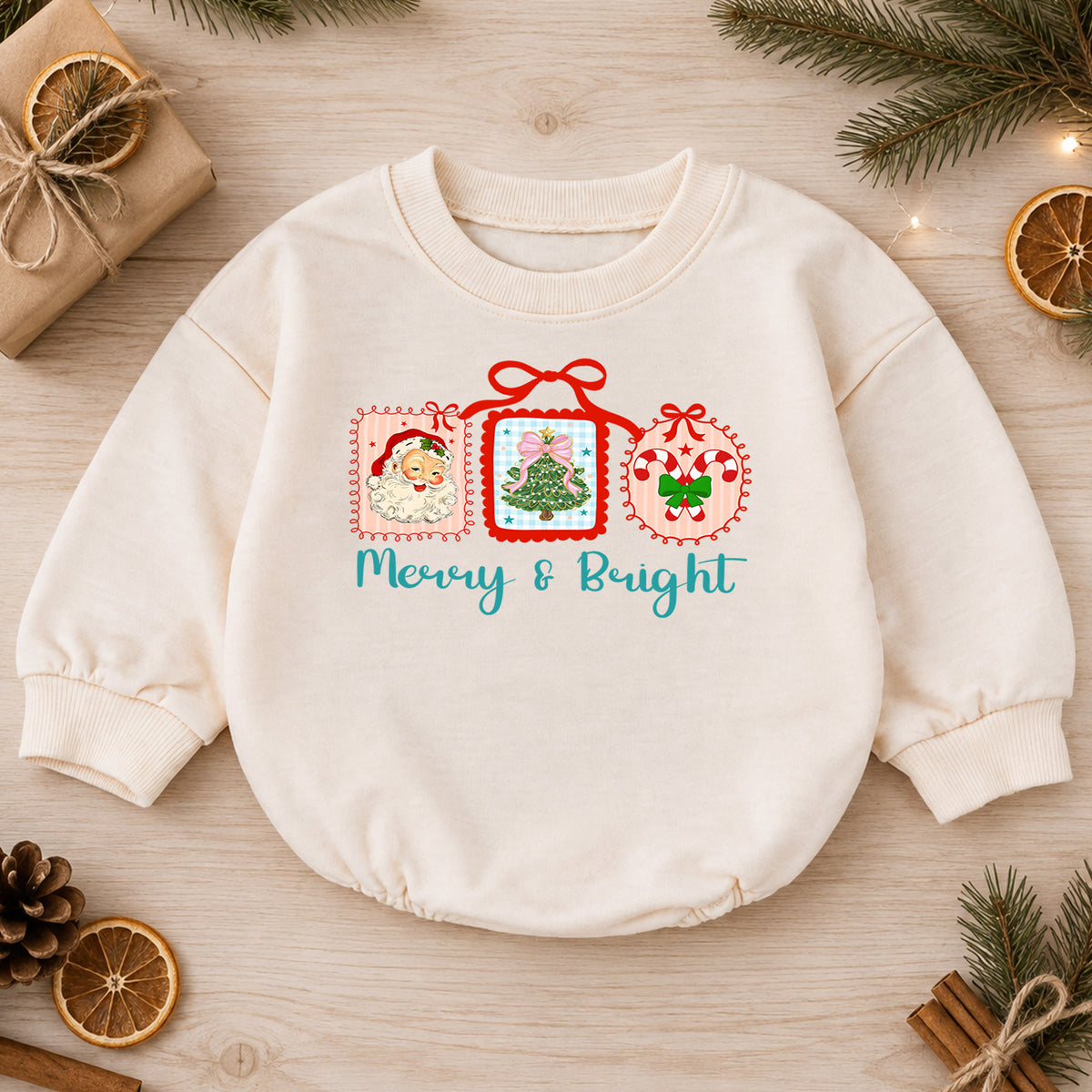 Merry and Bright Christmas Baby Romper, Retro Santa Tree Candy Cane Outfit, Toddler Holiday Romper, Cute 1st Christmas Gift — product view 1