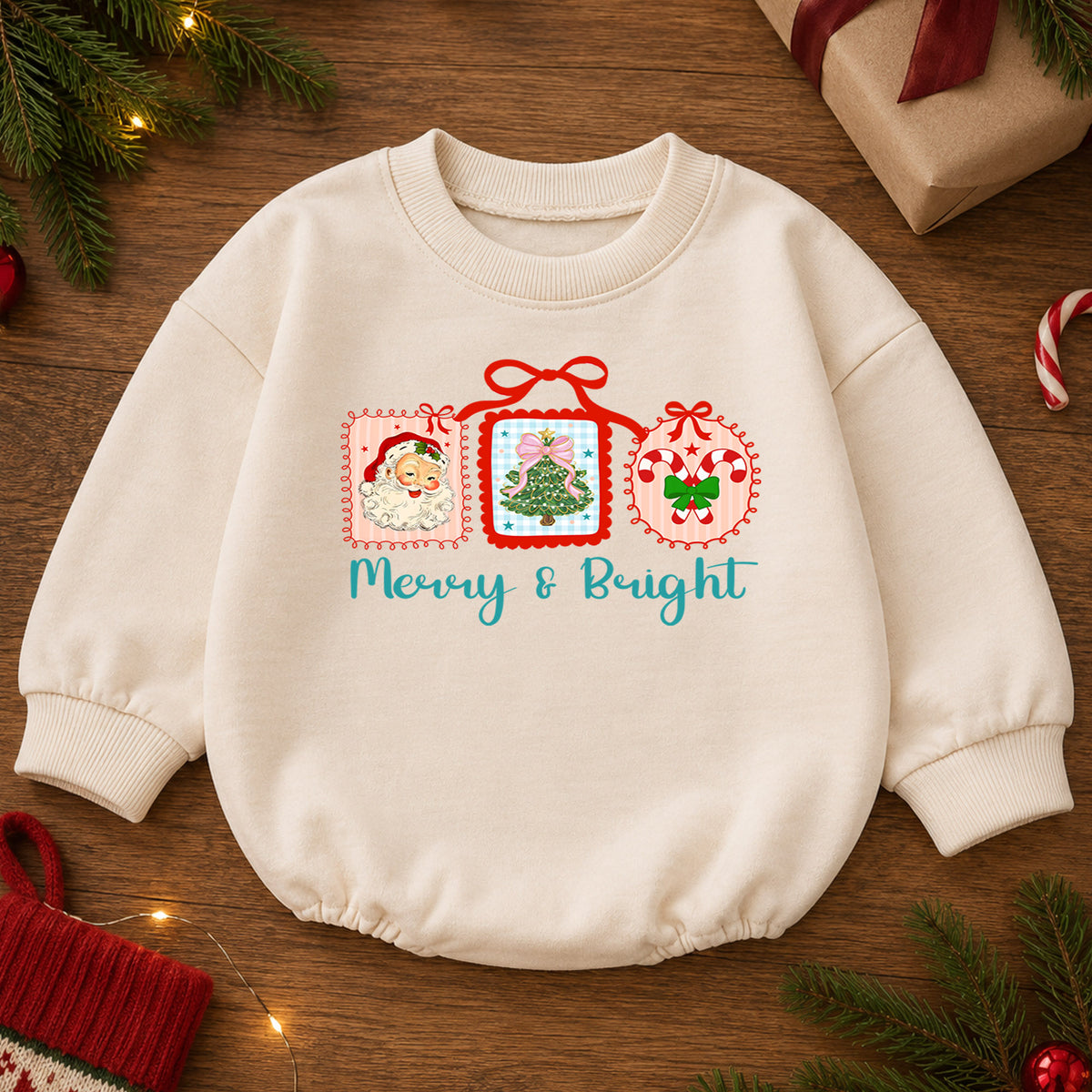 Merry and Bright Christmas Baby Romper, Retro Santa Tree Candy Cane Outfit, Toddler Holiday Romper, Cute 1st Christmas Gift — product view 2