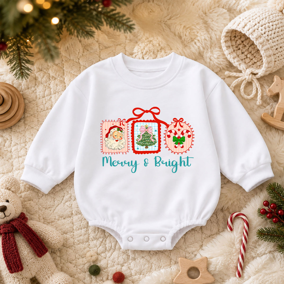 Merry and Bright Christmas Baby Romper, Retro Santa Tree Candy Cane Outfit, Toddler Holiday Romper, Cute 1st Christmas Gift — product view 3