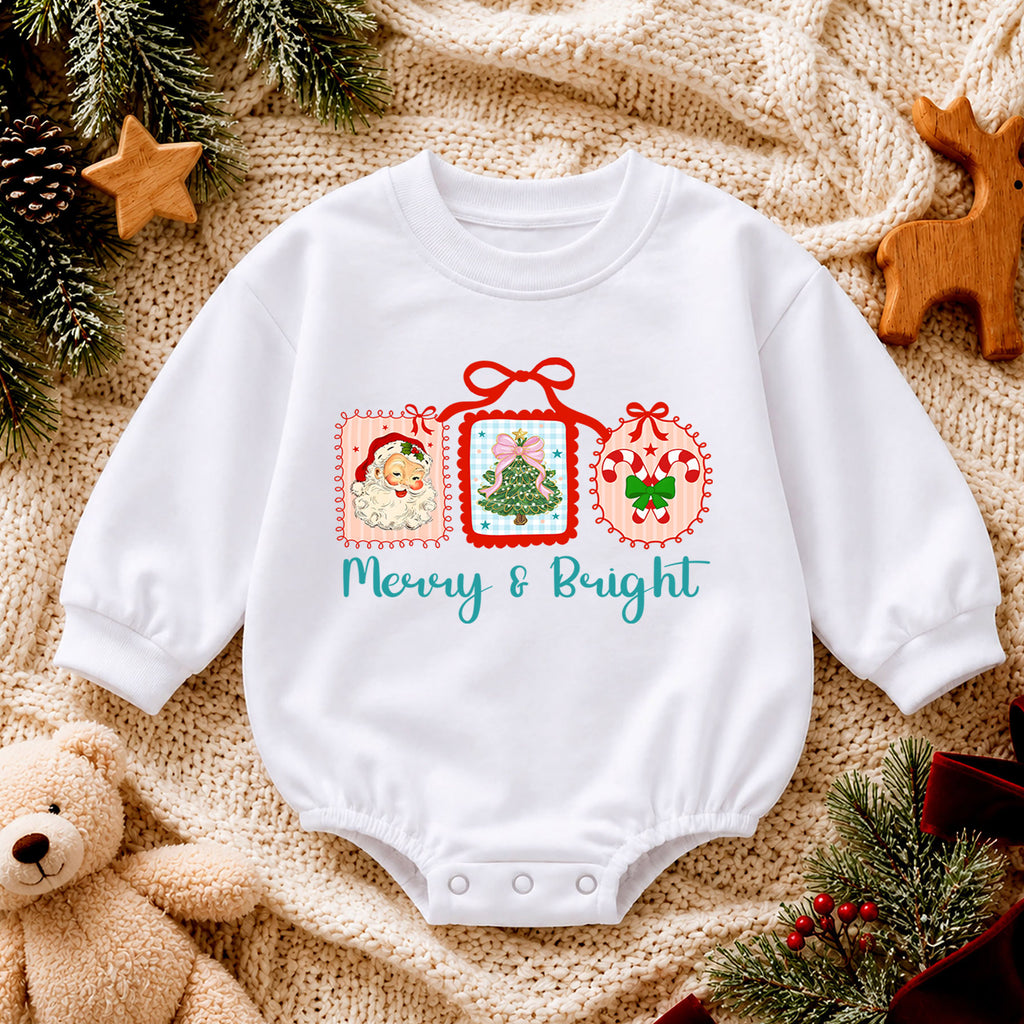 Merry and Bright Christmas Baby Romper, Retro Santa Tree Candy Cane Outfit, Toddler Holiday Romper, Cute 1st Christmas Gift — product view 4