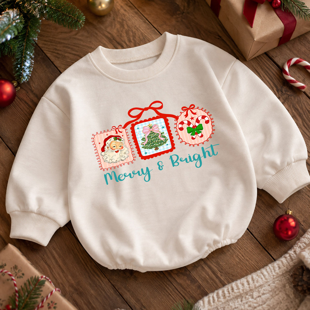 Merry and Bright Christmas Baby Romper, Retro Santa Tree Candy Cane Outfit, Toddler Holiday Romper, Cute 1st Christmas Gift — product view 5