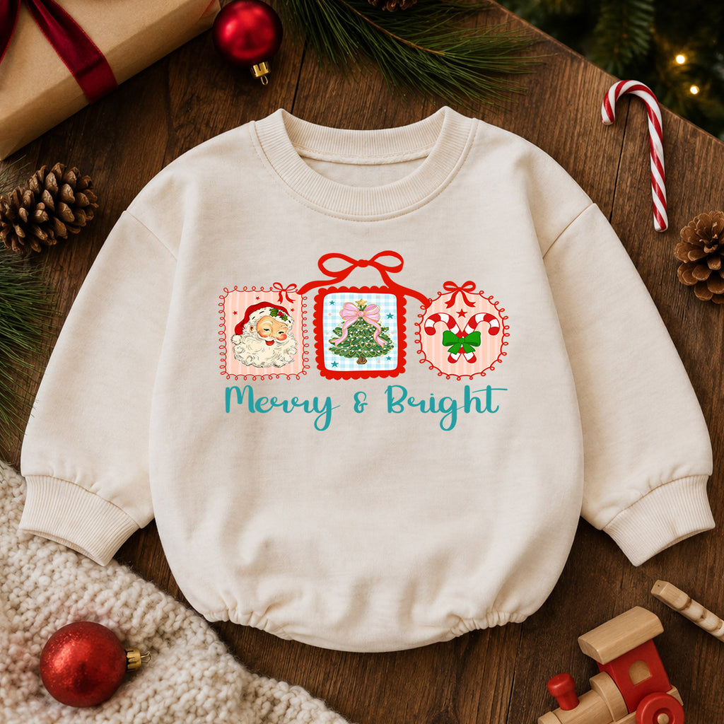 Merry and Bright Christmas Baby Romper, Retro Santa Tree Candy Cane Outfit, Toddler Holiday Romper, Cute 1st Christmas Gift — product view 6