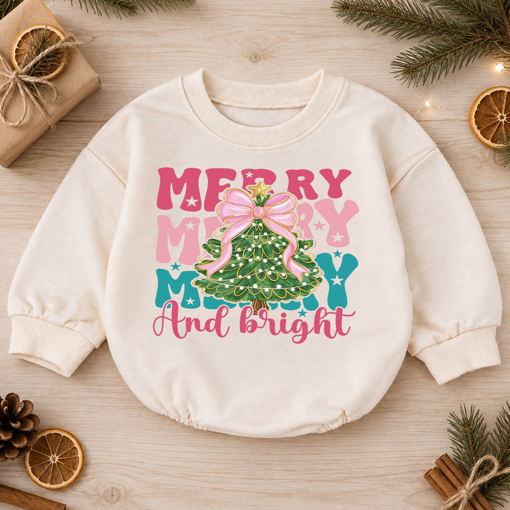 Merry and Bright Christmas Baby Romper, Pink Bow Christmas Tree Outfit, Toddler Holiday Romper, Cute 1st Christmas Gift for Baby — product view 1