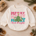 Merry and Bright Christmas Baby Romper, Pink Bow Christmas Tree Outfit, Toddler Holiday Romper, Cute 1st Christmas Gift for Baby — product view 1