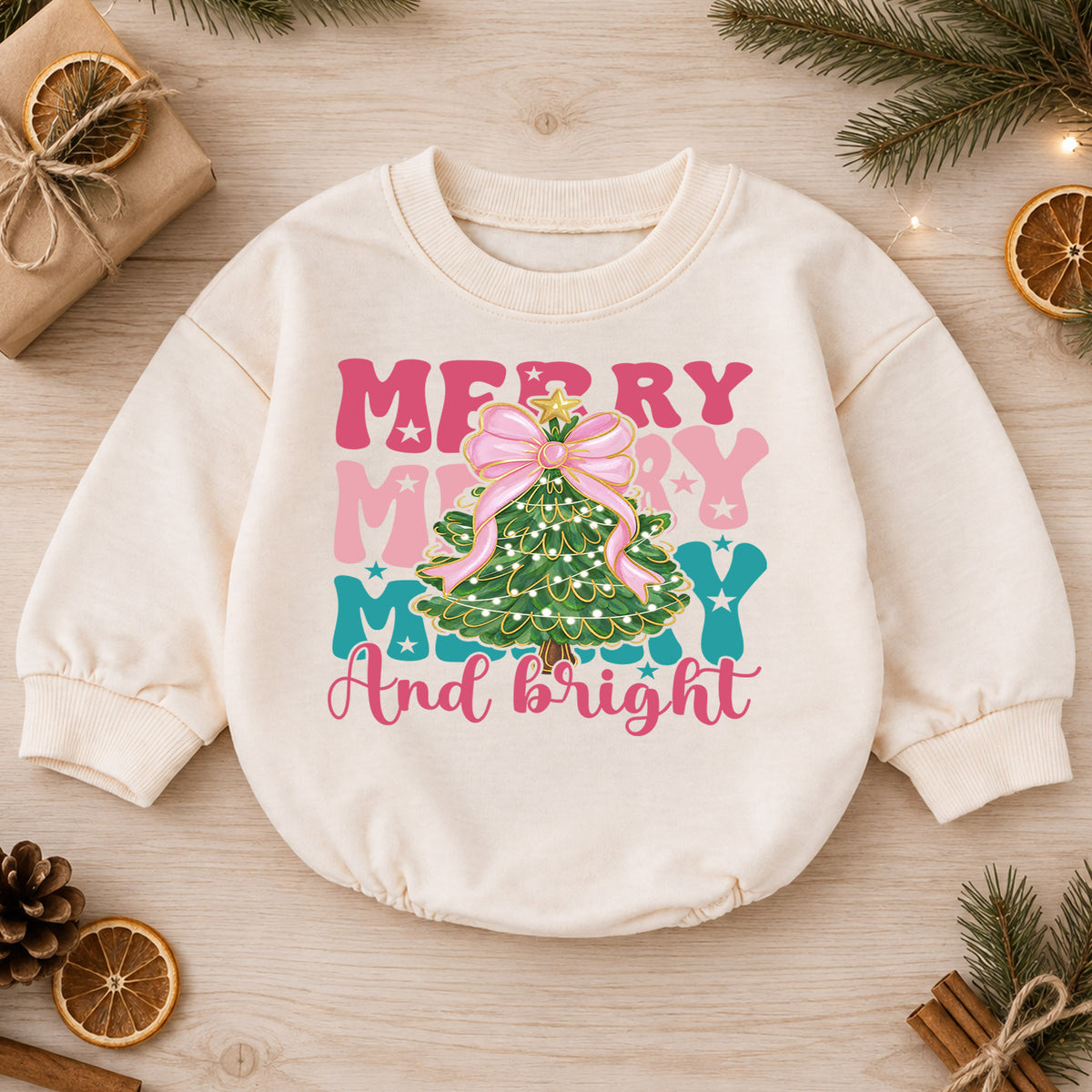 Merry and Bright Christmas Baby Romper, Pink Bow Christmas Tree Outfit, Toddler Holiday Romper, Cute 1st Christmas Gift for Baby — product view 1