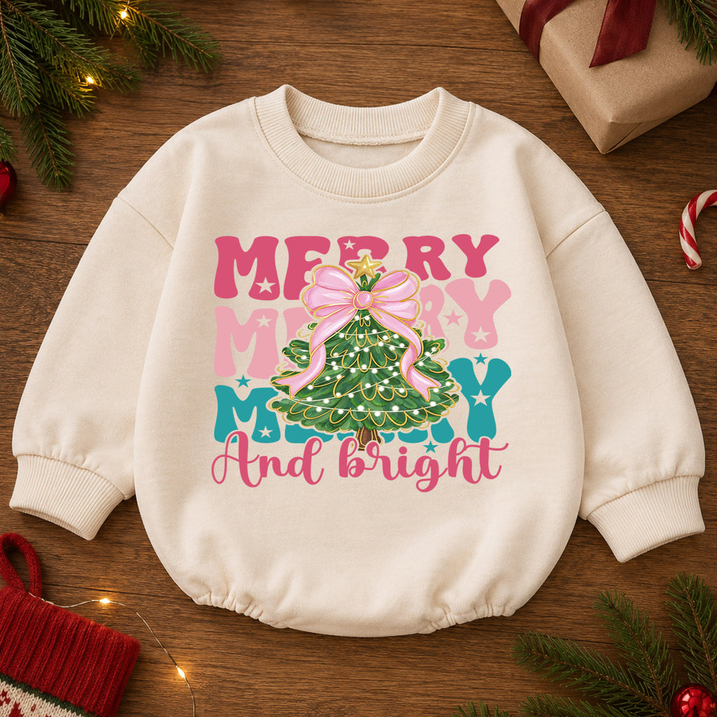 Merry and Bright Christmas Baby Romper, Pink Bow Christmas Tree Outfit, Toddler Holiday Romper, Cute 1st Christmas Gift for Baby — product view 2