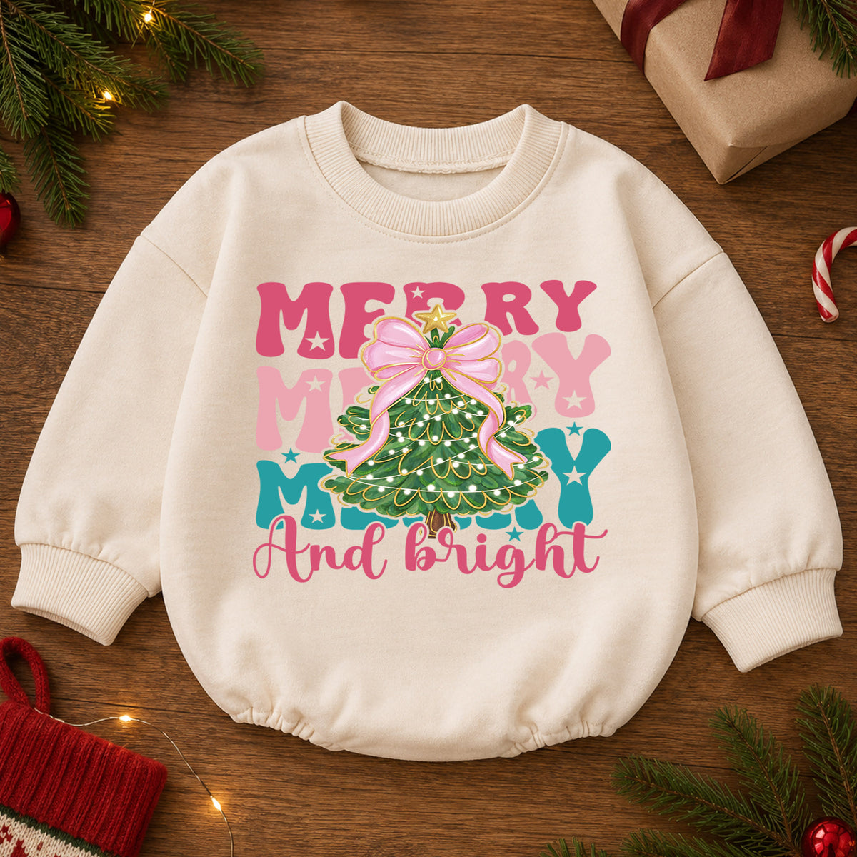 Merry and Bright Christmas Baby Romper, Pink Bow Christmas Tree Outfit, Toddler Holiday Romper, Cute 1st Christmas Gift for Baby — product view 2