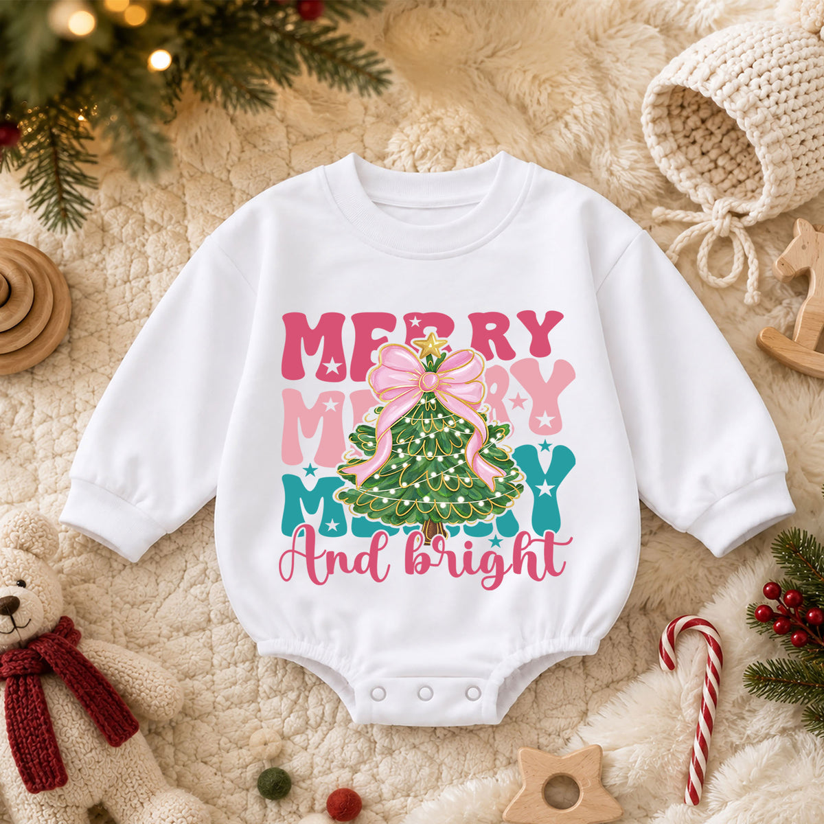 Merry and Bright Christmas Baby Romper, Pink Bow Christmas Tree Outfit, Toddler Holiday Romper, Cute 1st Christmas Gift for Baby — product view 3