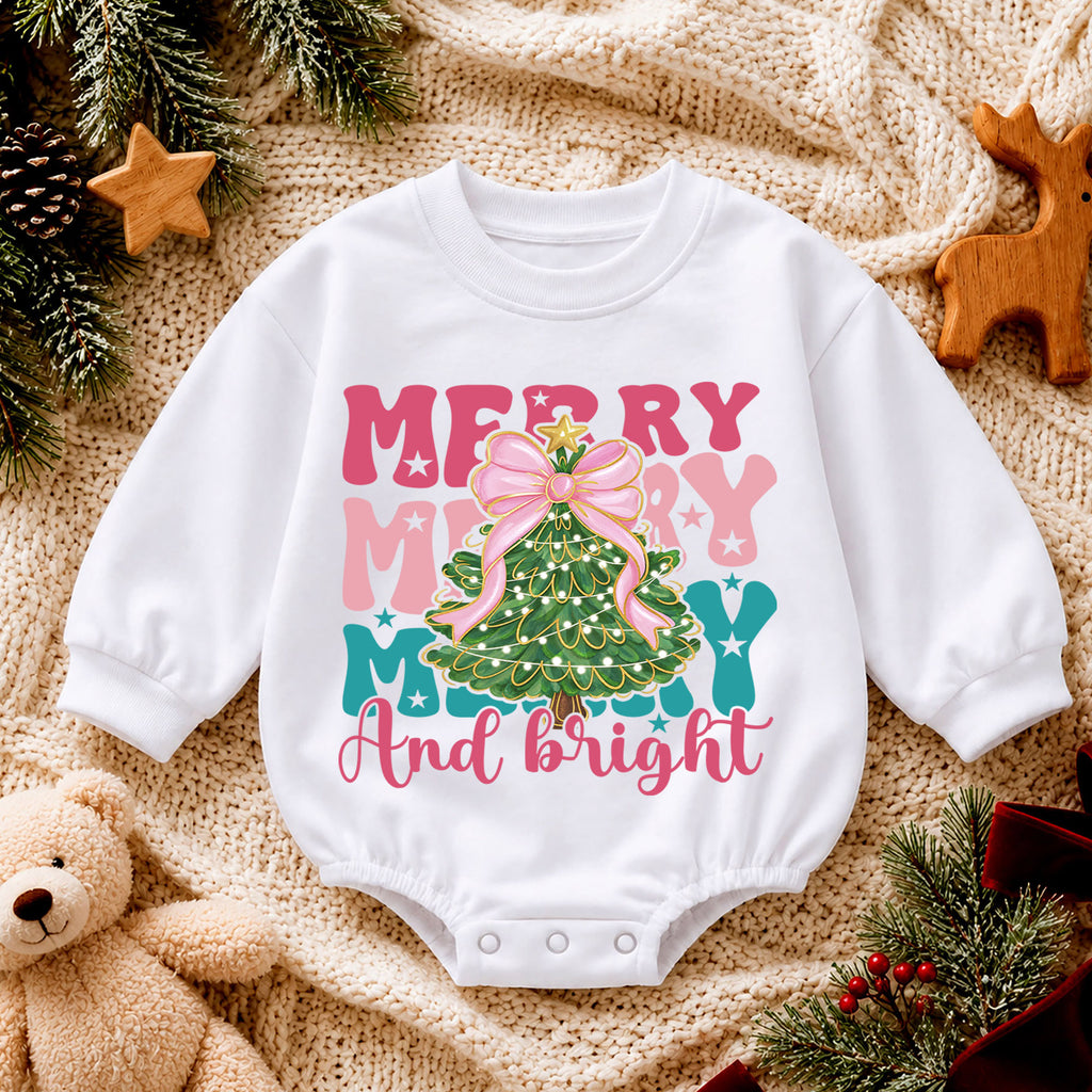 Merry and Bright Christmas Baby Romper, Pink Bow Christmas Tree Outfit, Toddler Holiday Romper, Cute 1st Christmas Gift for Baby — product view 4