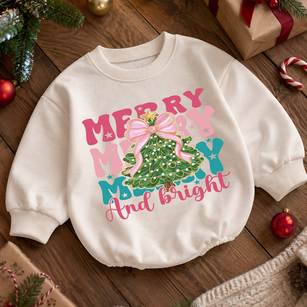 Merry and Bright Christmas Baby Romper, Pink Bow Christmas Tree Outfit, Toddler Holiday Romper, Cute 1st Christmas Gift for Baby — product view 5