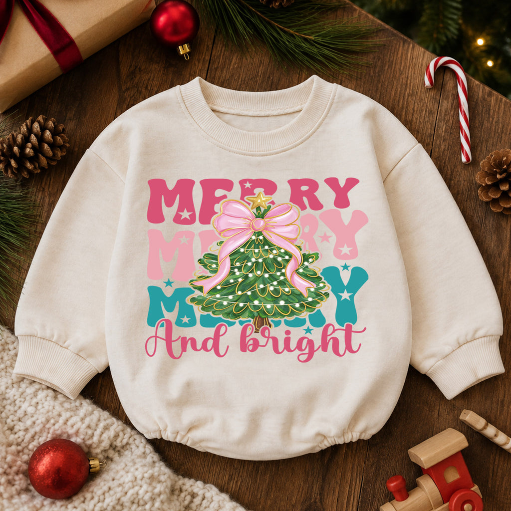 Merry and Bright Christmas Baby Romper, Pink Bow Christmas Tree Outfit, Toddler Holiday Romper, Cute 1st Christmas Gift for Baby — product view 6