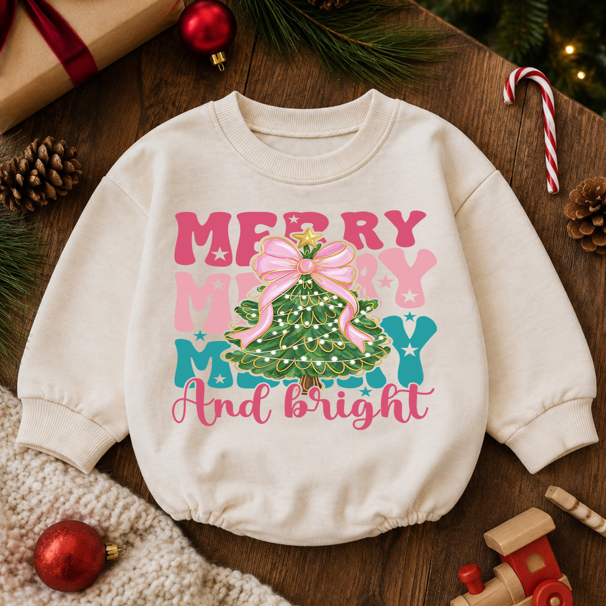 Merry and Bright Christmas Baby Romper, Pink Bow Christmas Tree Outfit, Toddler Holiday Romper, Cute 1st Christmas Gift for Baby — product view 6