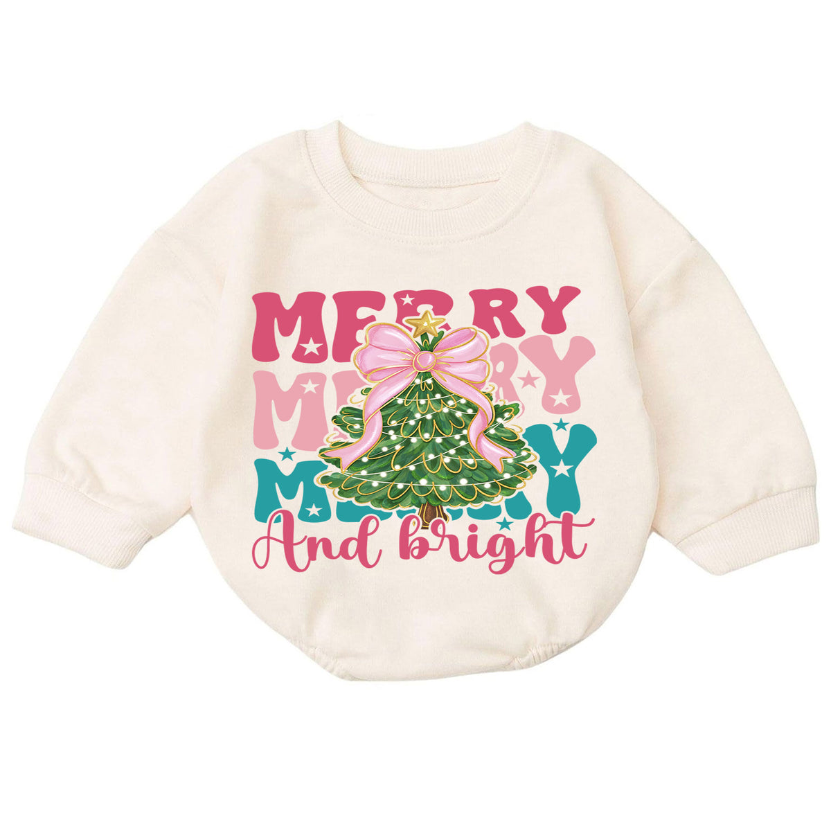 Merry and Bright Christmas Baby Romper, Pink Bow Christmas Tree Outfit, Toddler Holiday Romper, Cute 1st Christmas Gift for Baby — product view 7