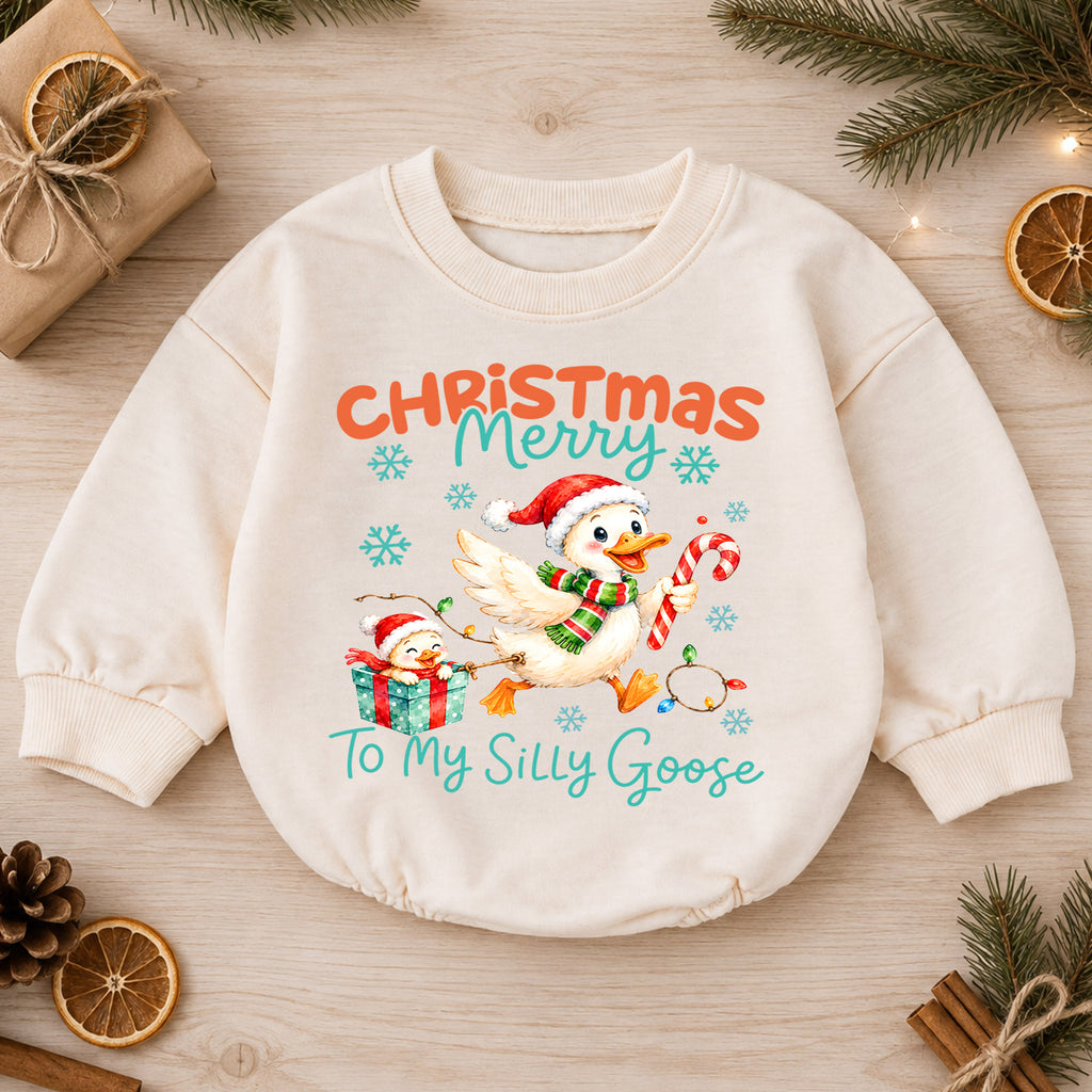 Silly Goose Christmas Baby Romper, Merry Christmas Goose 1st Birthday Holiday Outfit, Toddler Xmas Romper, Funny Goose Gift for Baby — product view 1