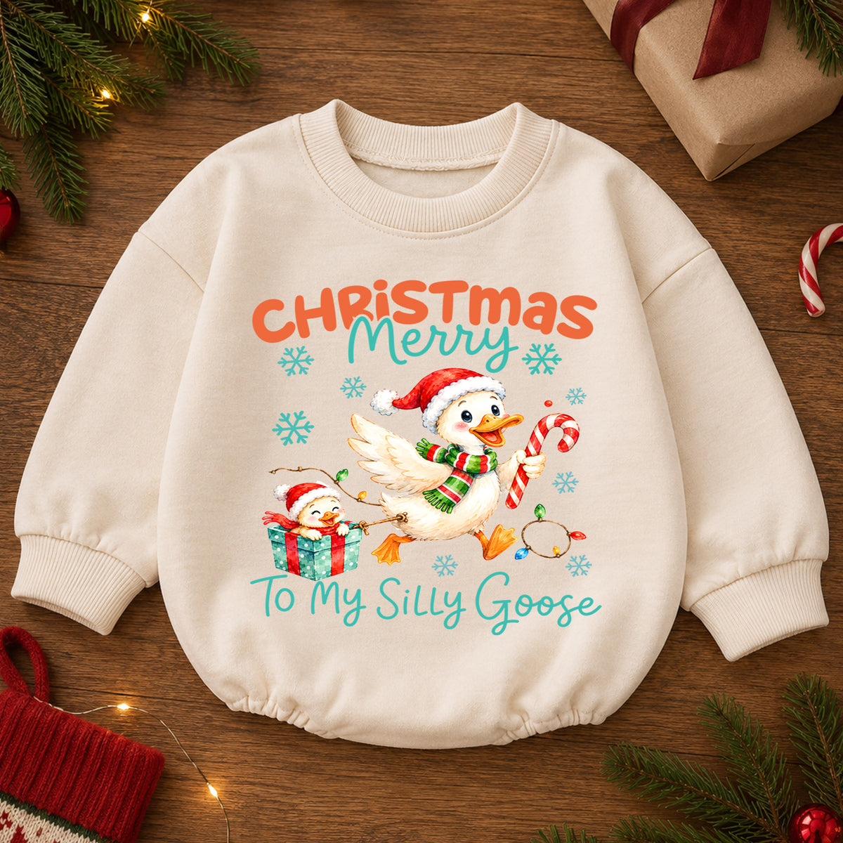 Silly Goose Christmas Baby Romper, Merry Christmas Goose 1st Birthday Holiday Outfit, Toddler Xmas Romper, Funny Goose Gift for Baby — product view 2