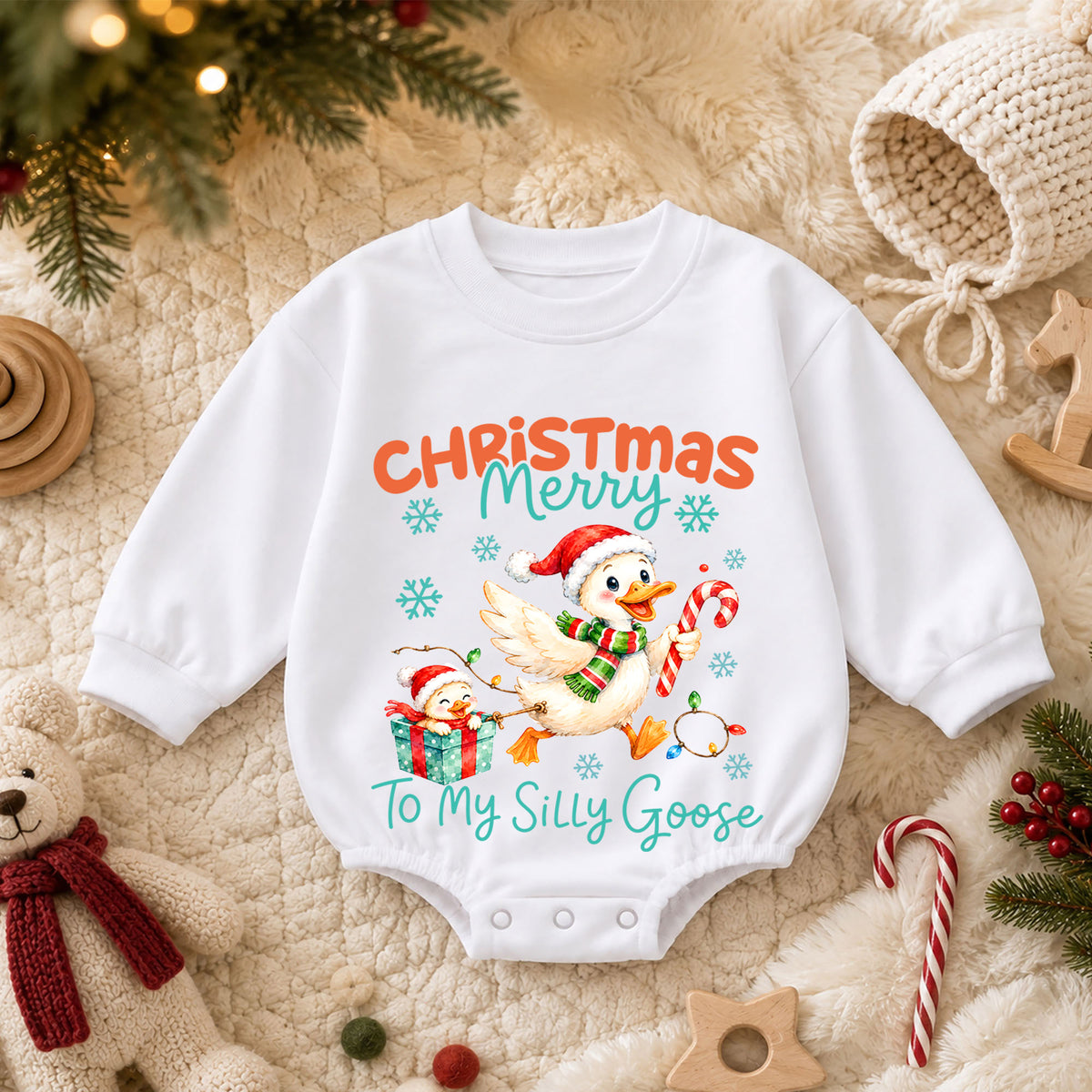 Silly Goose Christmas Baby Romper, Merry Christmas Goose 1st Birthday Holiday Outfit, Toddler Xmas Romper, Funny Goose Gift for Baby — product view 3