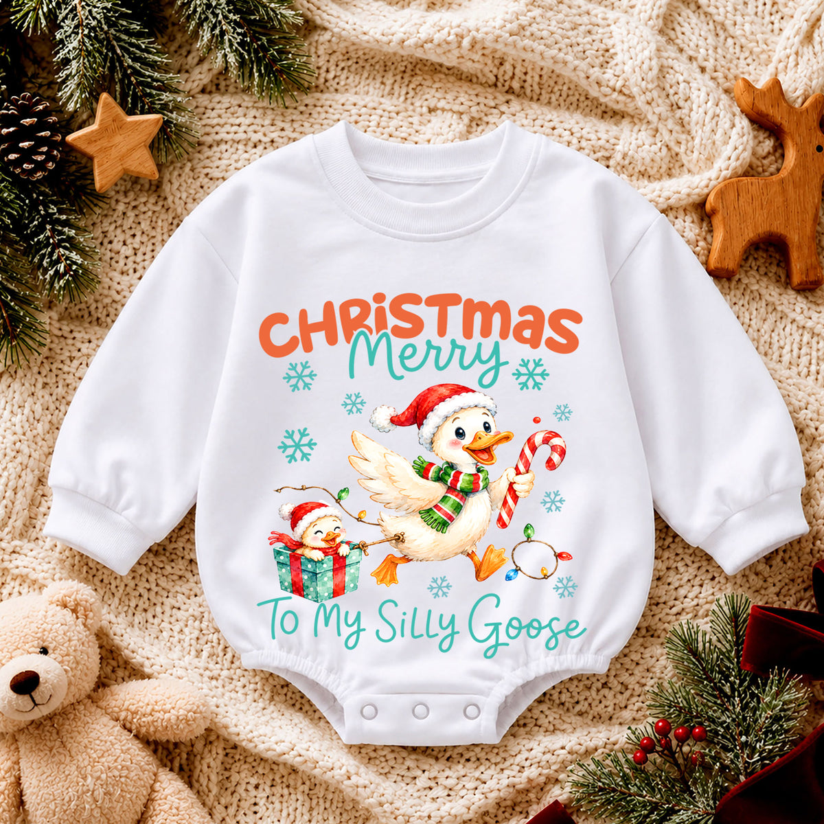 Silly Goose Christmas Baby Romper, Merry Christmas Goose 1st Birthday Holiday Outfit, Toddler Xmas Romper, Funny Goose Gift for Baby — product view 4