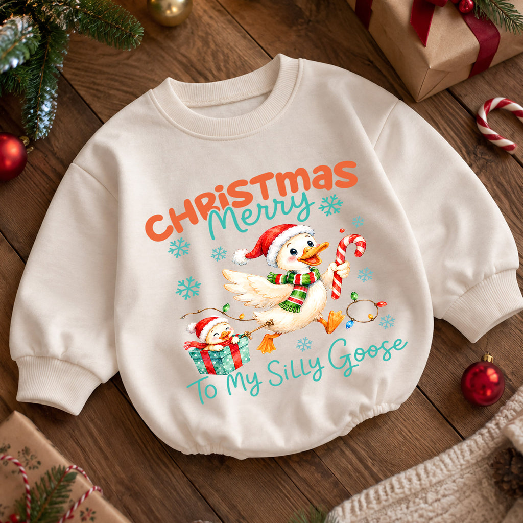 Silly Goose Christmas Baby Romper, Merry Christmas Goose 1st Birthday Holiday Outfit, Toddler Xmas Romper, Funny Goose Gift for Baby — product view 5