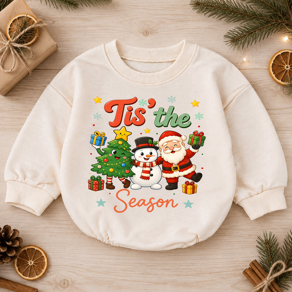 Tis the Season Baby Romper, Santa Snowman 1st Birthday Christmas Outfit, Cute Holiday Toddler Romper, Festive Christmas Gift for Baby — product view 1