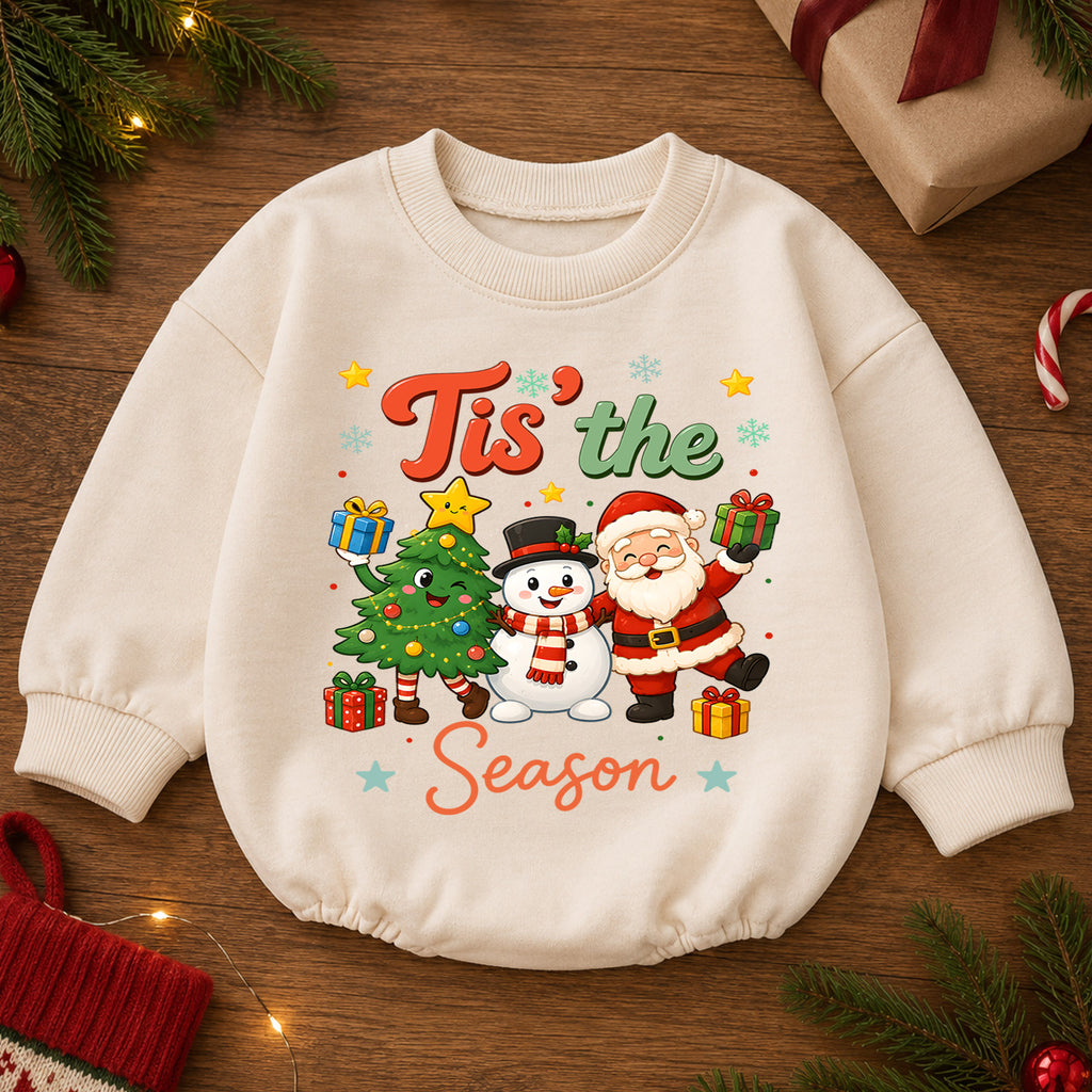 Tis the Season Baby Romper, Santa Snowman 1st Birthday Christmas Outfit, Cute Holiday Toddler Romper, Festive Christmas Gift for Baby — product view 2