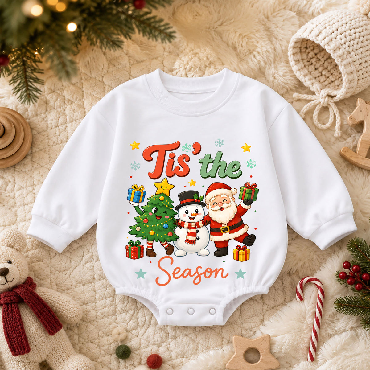 Tis the Season Baby Romper, Santa Snowman 1st Birthday Christmas Outfit, Cute Holiday Toddler Romper, Festive Christmas Gift for Baby — product view 3