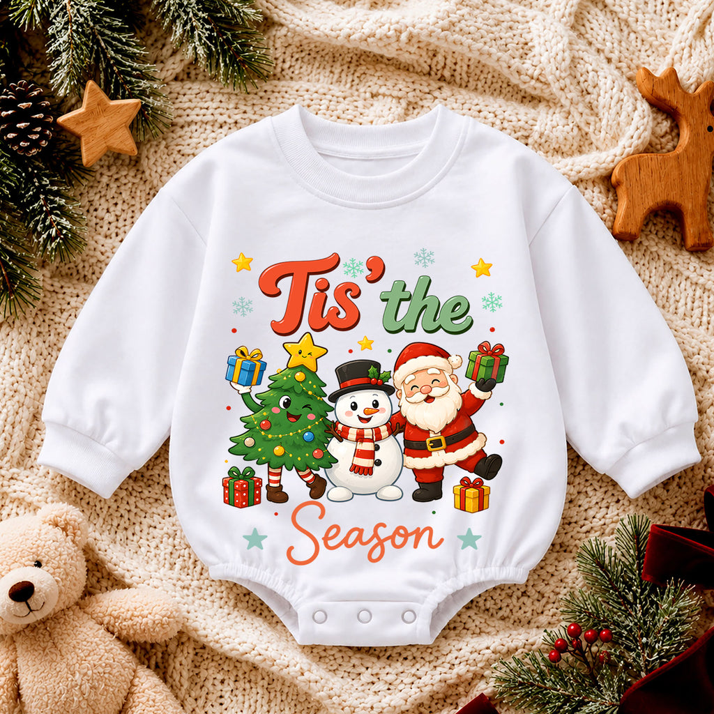 Tis the Season Baby Romper, Santa Snowman 1st Birthday Christmas Outfit, Cute Holiday Toddler Romper, Festive Christmas Gift for Baby — product view 4